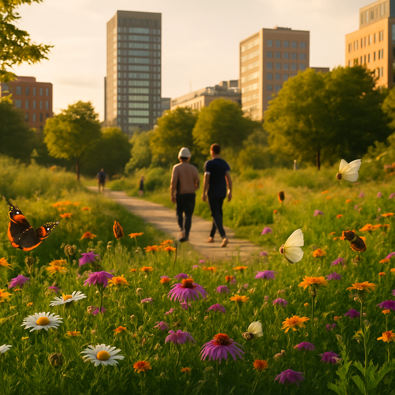Groen stadspark met wilde bloemen, bijen en wandelaars tegen stedelijke achtergrond