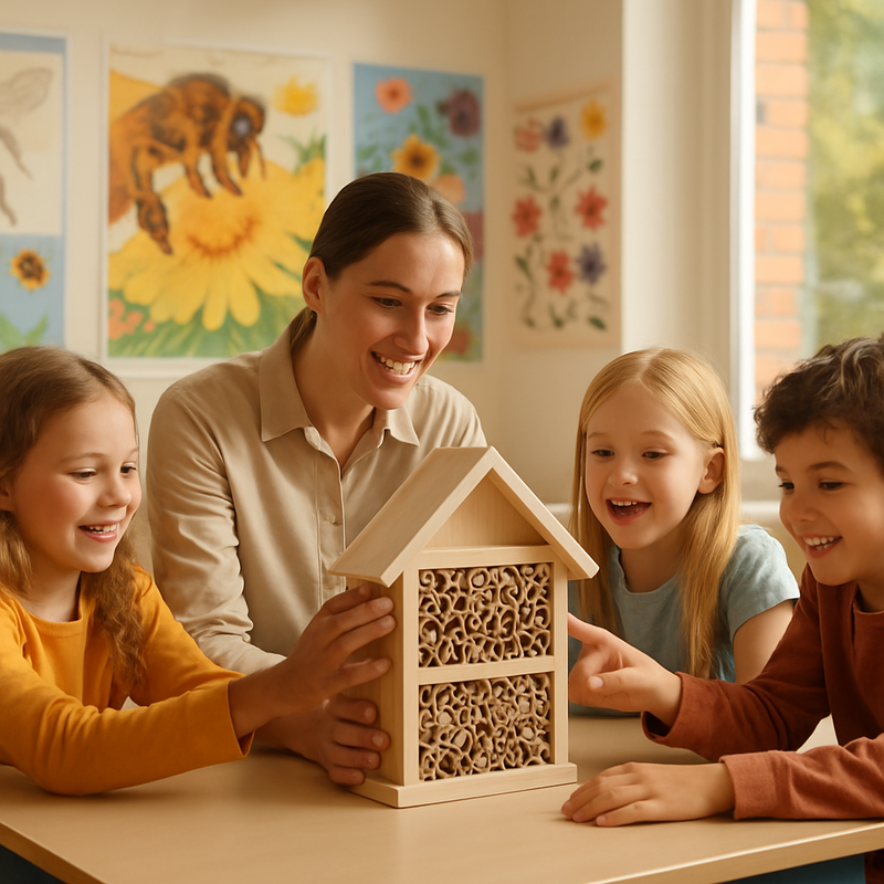Kinderen in klaslokaal bekijken bijenhotel tijdens natuureducatieles