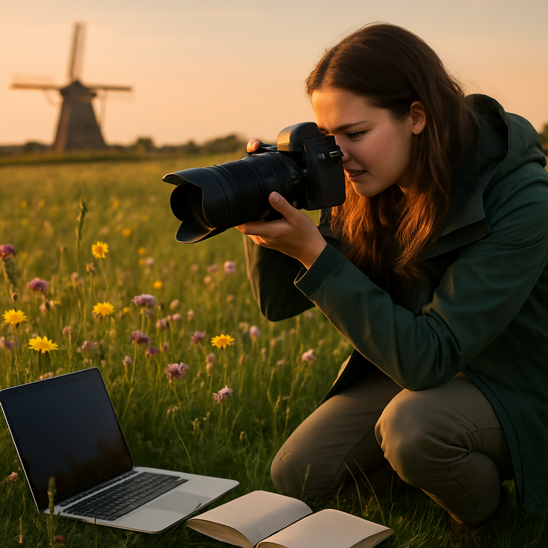 Natuurblogger fotografeert wilde bloemen in Nederlands landschap met laptop en notitieboek