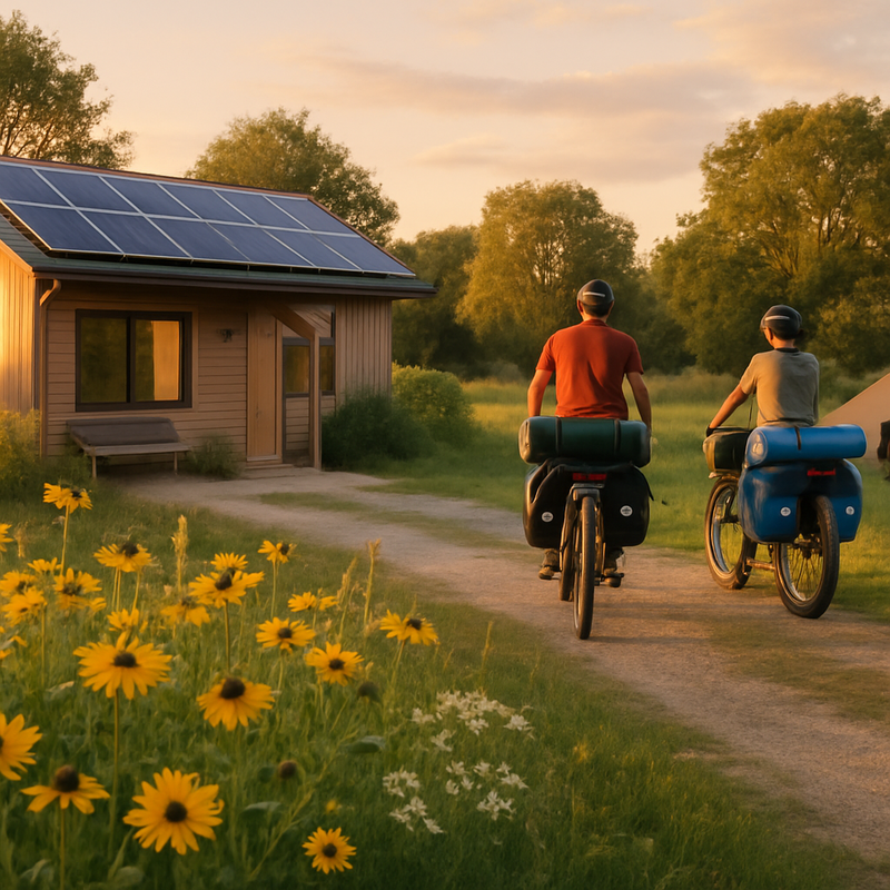 Duurzame camping met zonnepanelen en fietsers in Nederlands landschap