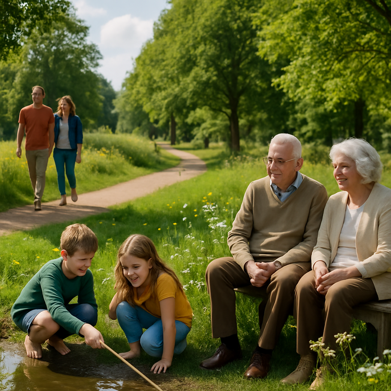 Verschillende generaties genieten samen van de natuur in een groen Nederlands landschap