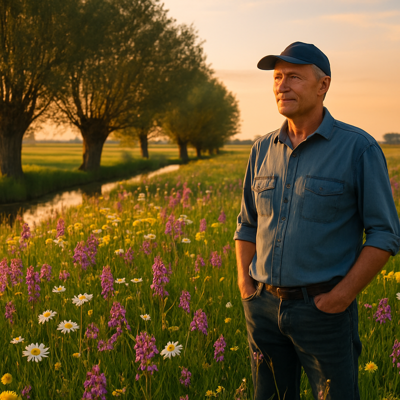 Nederlandse boer in bloeiend weiland met orchideeën en traditioneel polderlandschap