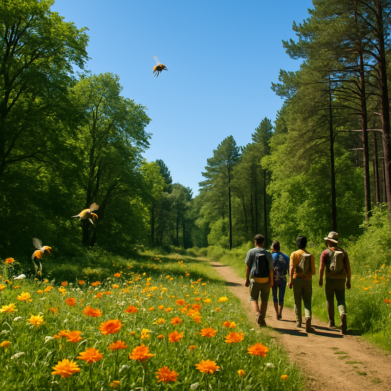 Groep mensen wandelt door een bloeiend bos tijdens een natuuractiviteit gericht op natuurbehoud