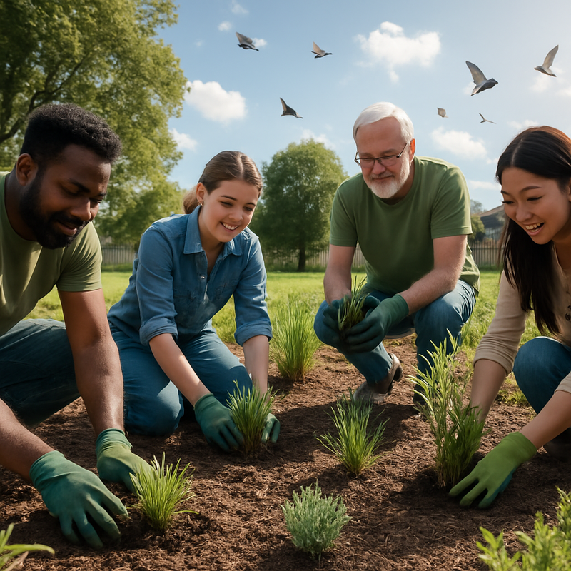 Groep vrijwilligers plant inheemse planten in een wijktuin met terugkerende vogels op de achtergrond.