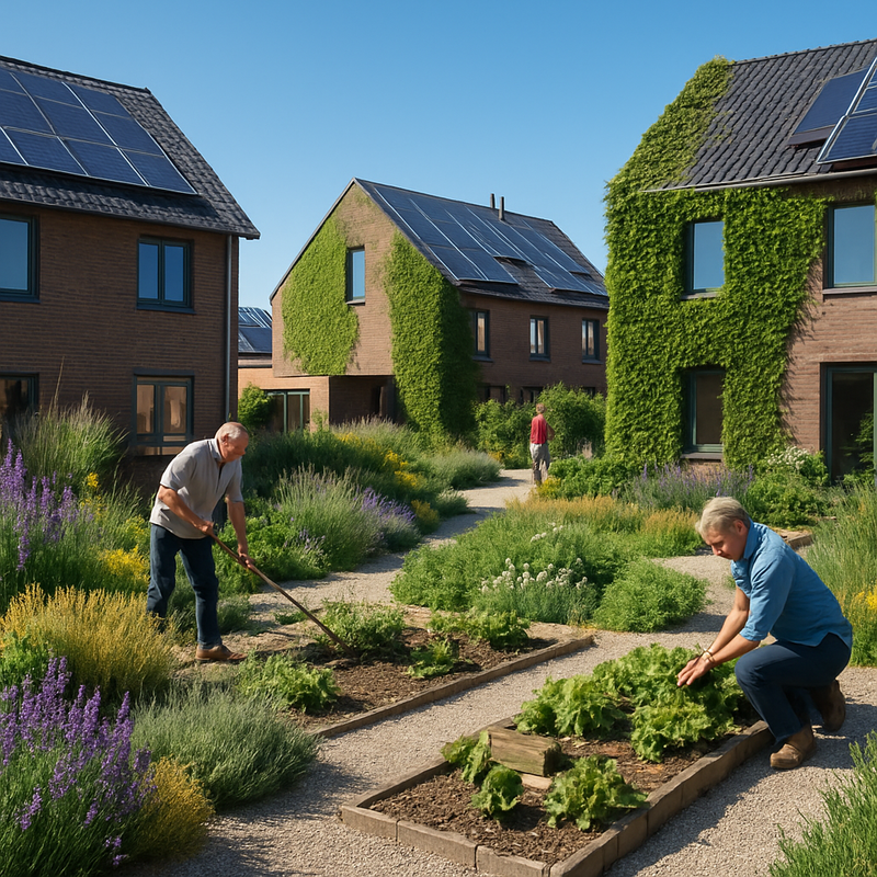 Nederlandse woonwijk met droogtebestendige tuinen, verticale groene gevels en zonnepanelen