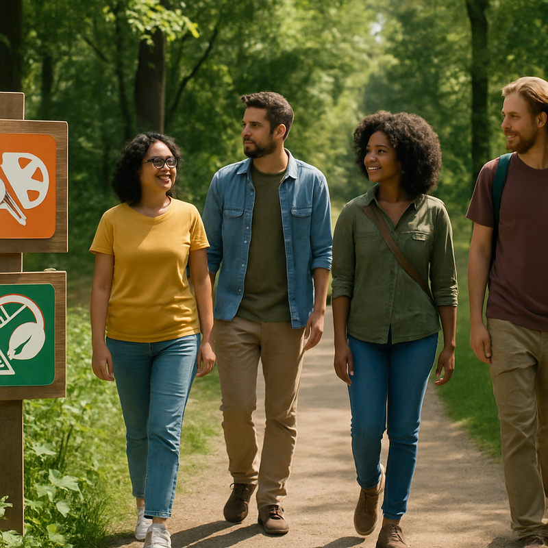 Groep wandelaars op een natuurpad langs borden met thema kunst en ecologie