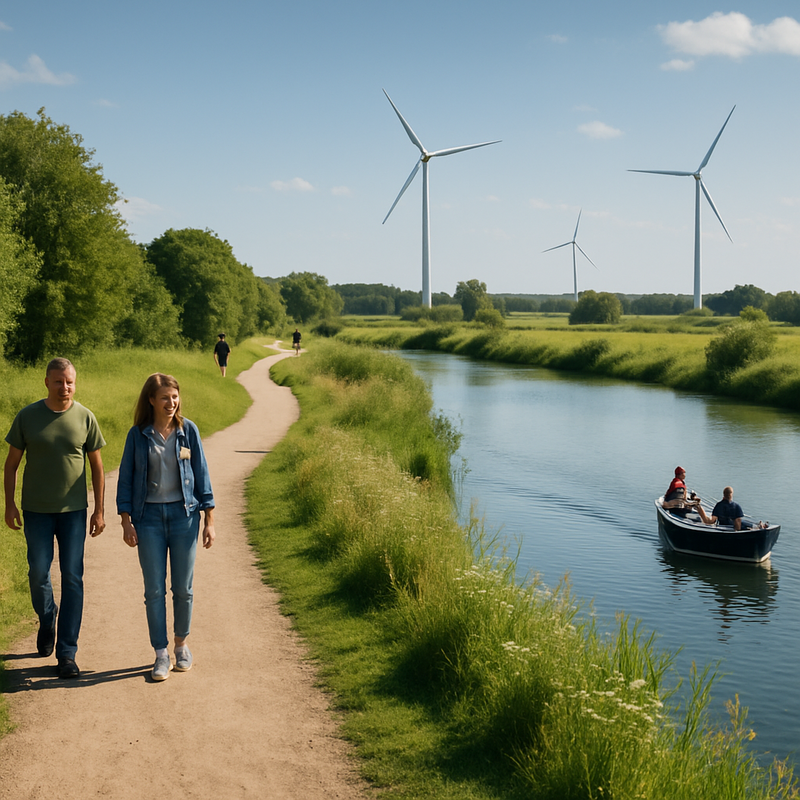 Natuurlijk gebied met recreanten, watersport en windmolens voor duurzame energie