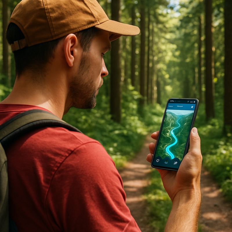 Hiker met smartphone en AI-navigatie app in bosrijke omgeving