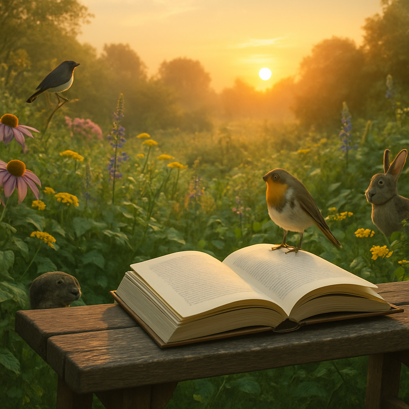 Een open boek in een natuurrijke tuin met bloemen en vogels bij zonsopgang