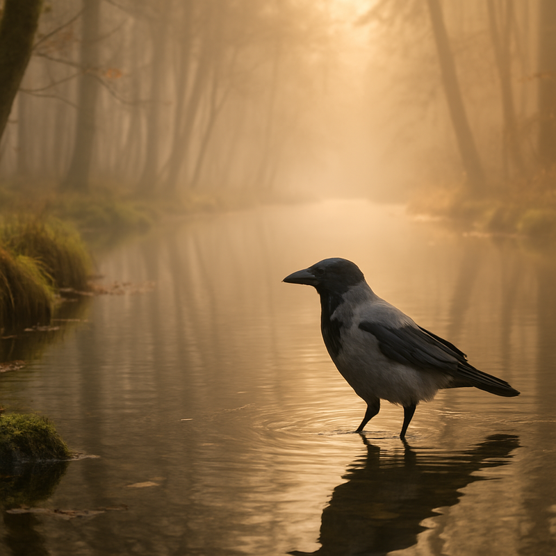 Bonte kraai fotograaf in ochtendlicht met mist in het waterloopbos