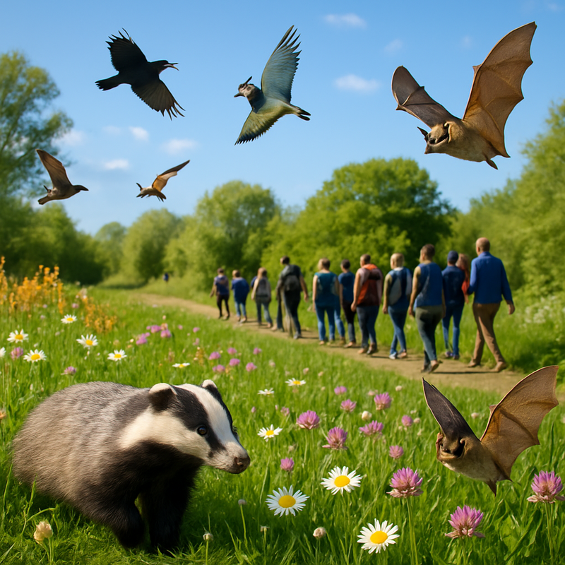 Een groep mensen die een natuurgebied in Nederland verkent met wilde bloemen, vogels en kleine zoogdieren te zien