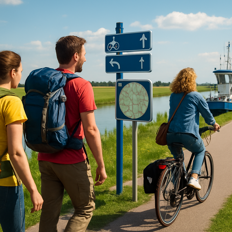 wandelaar en fietser op een Nederlands plattelandspad met moderne bewegwijzering en een pontje in de achtergrond