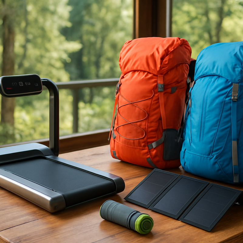 Compacte loopband, lichtgewicht rugzakken en draagbare zonnepanelen op houten tafel