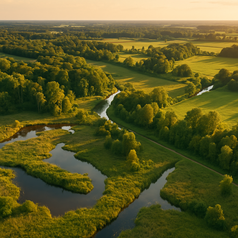 Luchtfoto van nieuw Nederlands natuurgebied met wetlands, bossen en graslanden