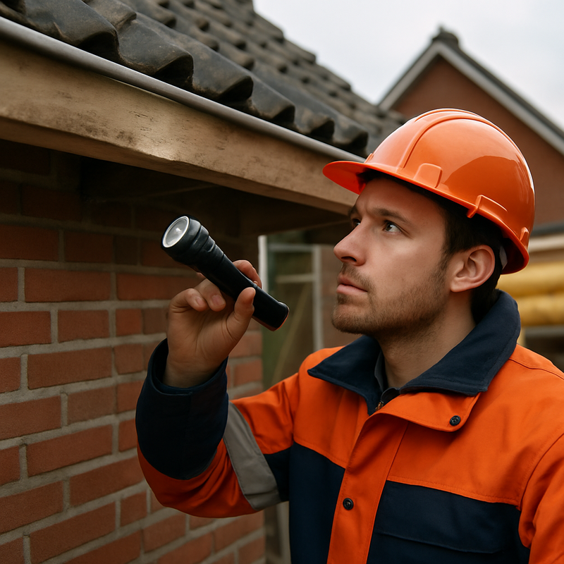 Bouwvakker inspecteert dakrand van woning op aanwezigheid van vleermuizen