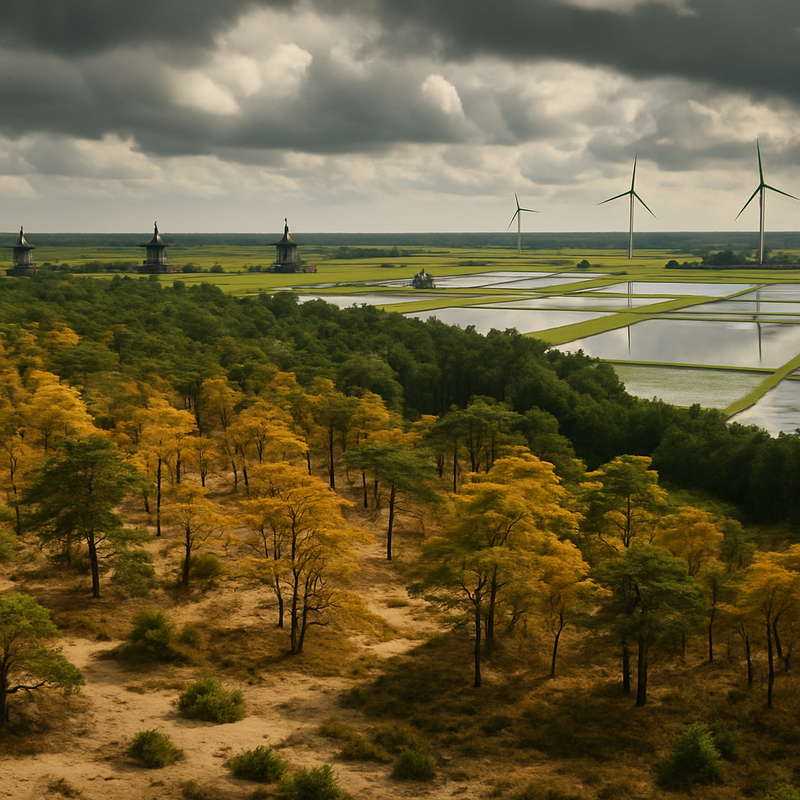 Luchtfoto van Nederlands landschap met droge bossen en overstroomde landbouwgronden