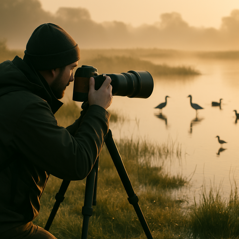 Fotograaf met telezoomlens fotografeert vogels in Nederlands wetland gebied