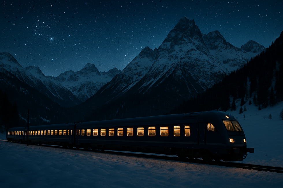 Moderne slaaptrein 's nachts op perron met bergen en kustlandschap