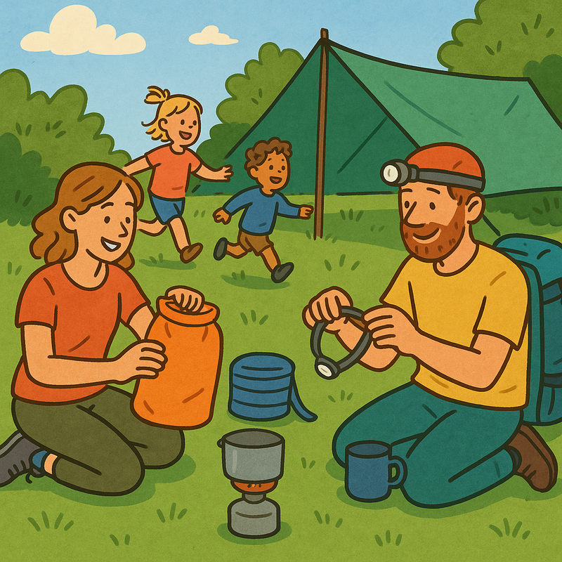 Een gezin met twee kinderen geniet van minimalistisch kamperen. Ze pakken lichte, essentiële spullen uit bij een opgezette tarp, met de nadruk op functionaliteit en duurzaamheid in de natuur.