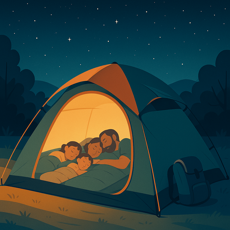 Een illustratie van een compacte, robuuste familietent onder een sterrenhemel, waarbinnen een gezin rustig slaapt op hun isolerende slaapplekken.
