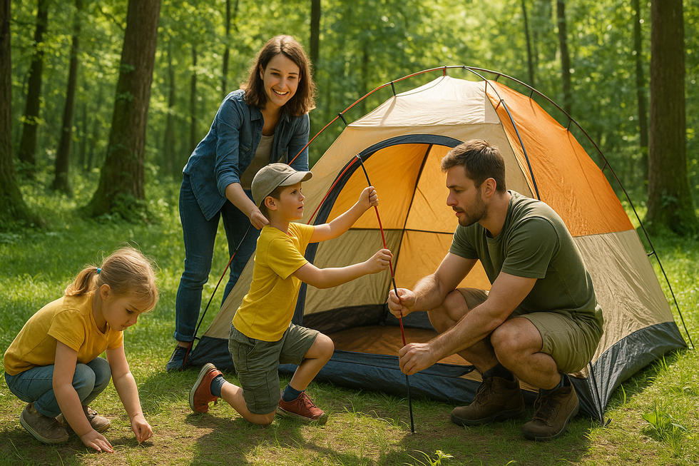 Illustratie van een gezin dat een kleine tent opzet in een bosrijke omgeving, met jonge kinderen die de natuur ontdekken.