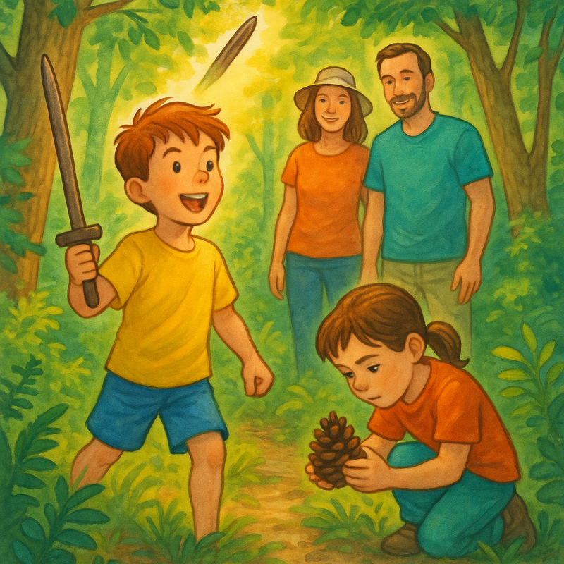 Een illustratie van twee jonge kinderen die in een bos spelen, begeleid door hun ouders. Een kind houdt een stok vast, de ander kijkt naar een dennenappel.