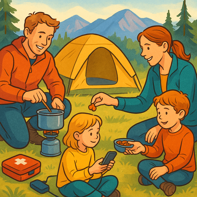 Een gezin kampeert in de natuur, met ouders die eenvoudige maaltijden bereiden en snacks geven, terwijl ze navigeren met GPS en een EHBO-kit bij de hand hebben.