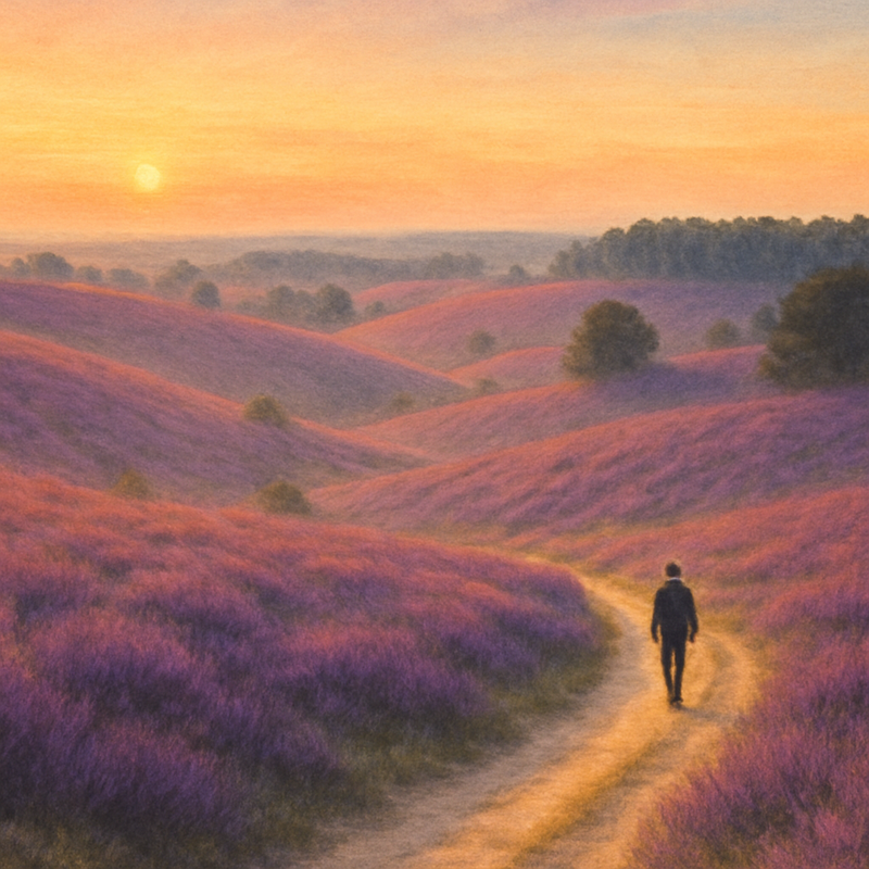 Een schilderachtige weergave van de Posbank op de Veluwe tijdens de bloei van de paarse heide, met zonsopkomst en een wandelpad.