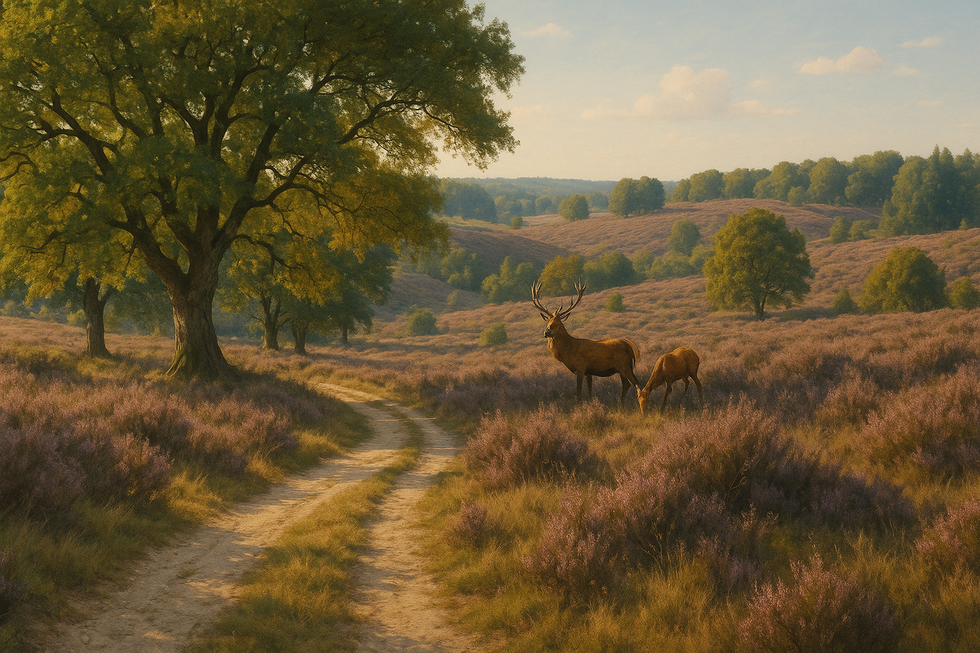 Een kleurrijke tekening van een zonnig heidelandschap op de Veluwe met paarse heide, kronkelende zandpaden en grazende edelherten, omringd door oude bomen.