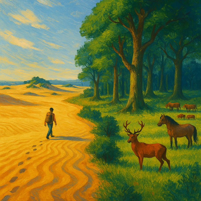 Een kleurrijke tekening die de overgang toont van een uitgestrekte zandverstuiving naar een dicht bos en open grasland met wilde paarden, edelherten en runderen.