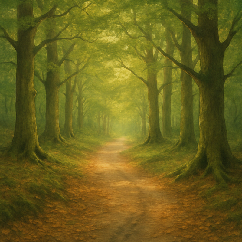 Een illustratie van een rustig bospad, bedekt met bladeren en beukennootjes. Hoge, oude bomen met dichte kruinen vormen een bladerdak waar zacht licht doorheen valt, wat een vredige en mysterieuze sfeer creëert.