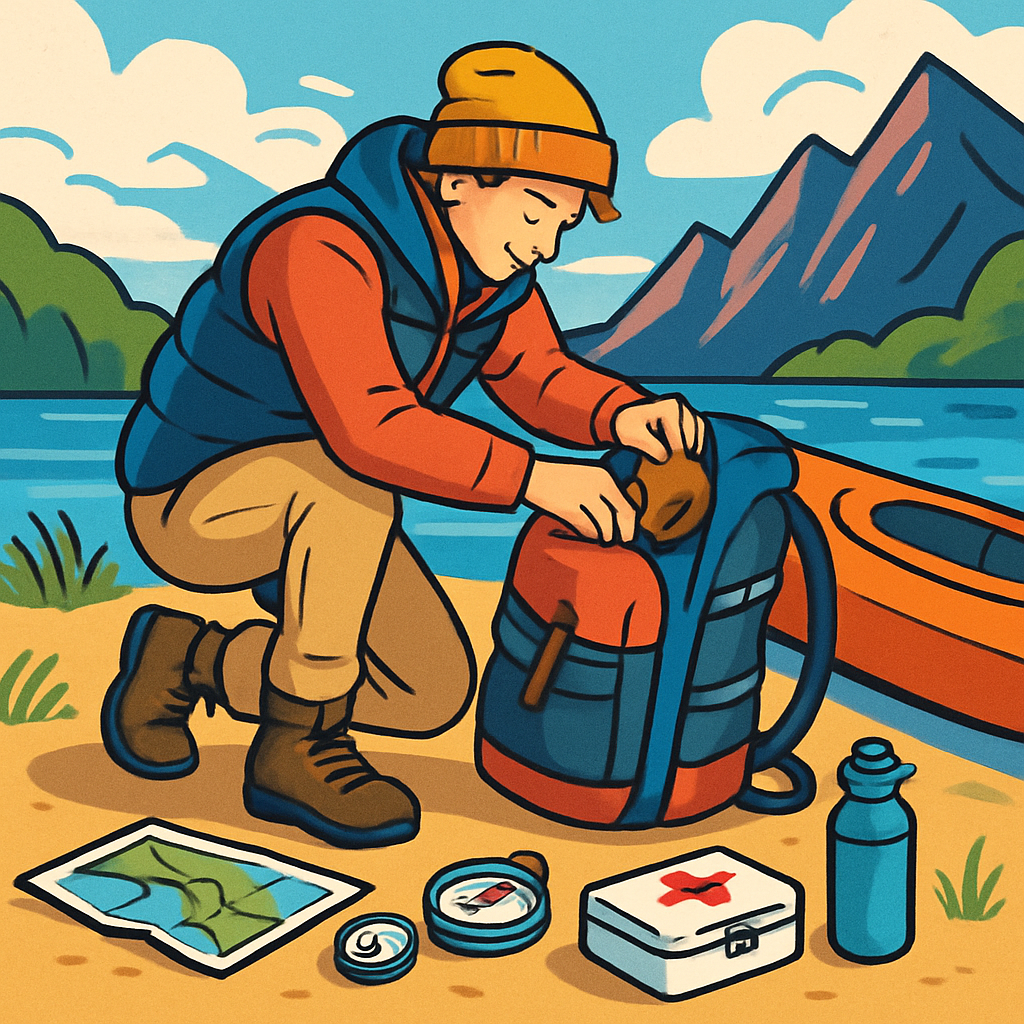 Illustratie van een persoon die een rugzak inpakt naast een kajak, met wandelschoenen, een kaart en kompas, en een EHBO-kit zichtbaar, tegen de achtergrond van bergen en water.