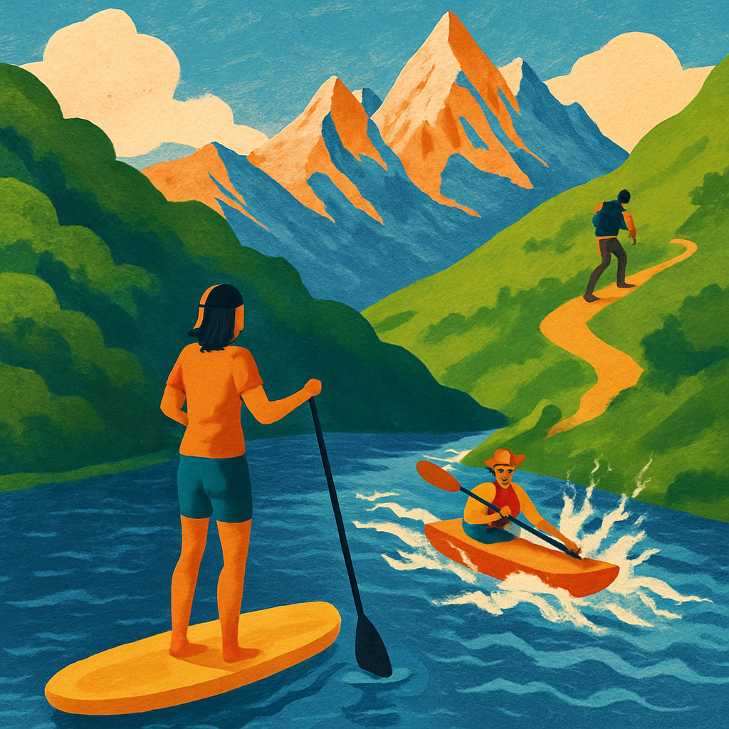 Een kleurrijke, geïllustreerde afbeelding toont een persoon die op een SUP board staat op een rustig meer. Daarachter is een kajakker te zien die door kleine stroomversnellingen peddelt. Op de achtergrond verheffen zich hoge bergen met een wandelaar op een pad.