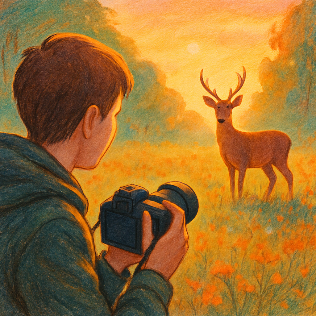 Een natuurillustratie van een persoon die tijdens het gouden uur een ree fotografeert, met de nadruk op de compositie en de warme, zachte belichting.
