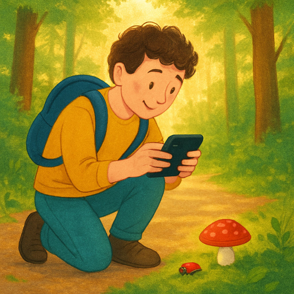 Een vrolijk getekende persoon knielt op een bosgrond en fotografeert met een smartphone een klein element zoals een paddenstoel of een insect, met zonnestralen die door de bomen vallen.