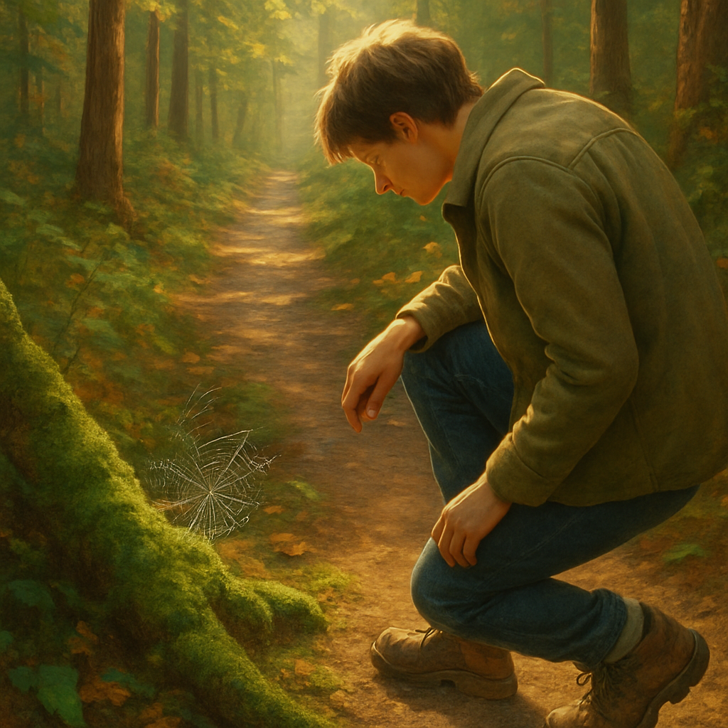 Een kleurrijke, serene illustratie van een persoon die op een boswandeling de details van de natuur aandachtig observeert. De persoon draagt stevige wandelschoenen en kijkt naar de mossige grond. Zacht zonlicht filtert door het bladerdak en creëert een vredige sfeer.