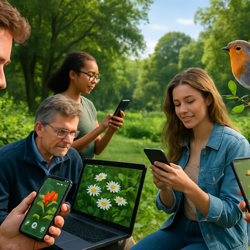Personen in een park die mobiele apps en laptops gebruiken voor natuurwaarnemingen