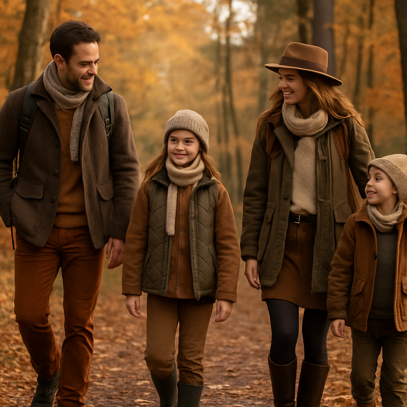 Familie wandelt in herfstbos met duurzame en stijlvolle outdoor kleding in natuurlijke tinten.