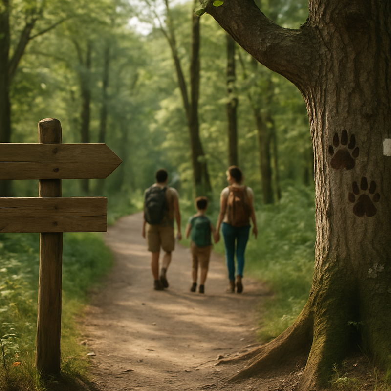 Wandelroute met houten wegwijzers en dierensporen op bomen in een bos in Nederland, met een gezin dat wandelt
