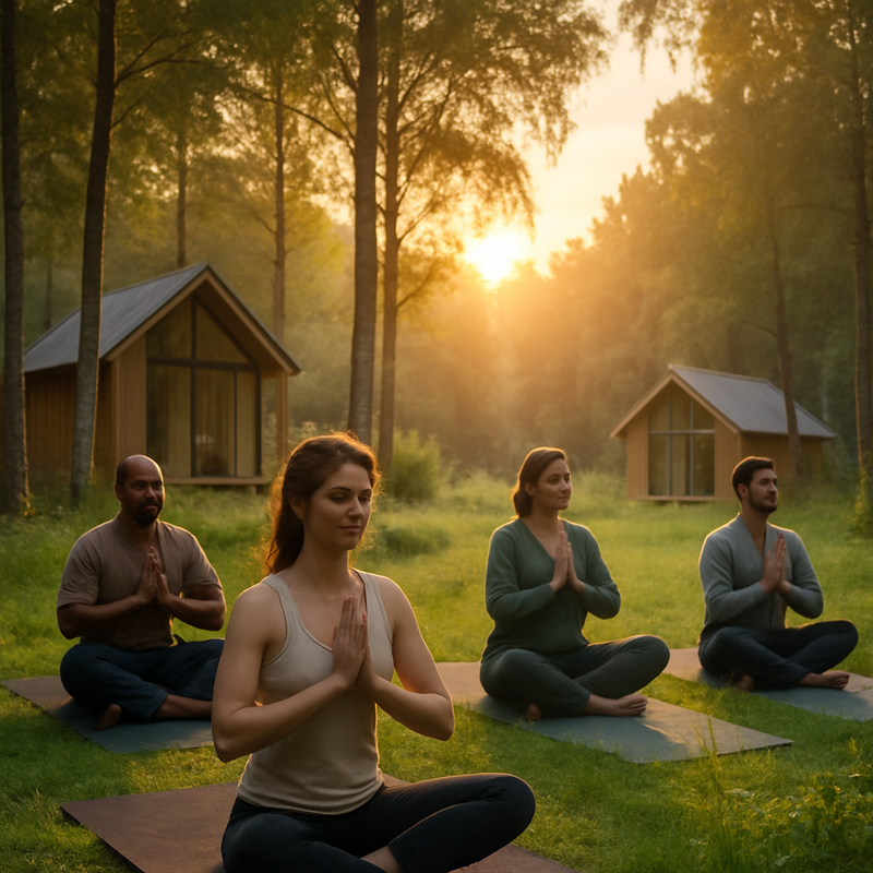 Mensen die yoga doen in een bos bij zonsopkomst tijdens een natuurretreat