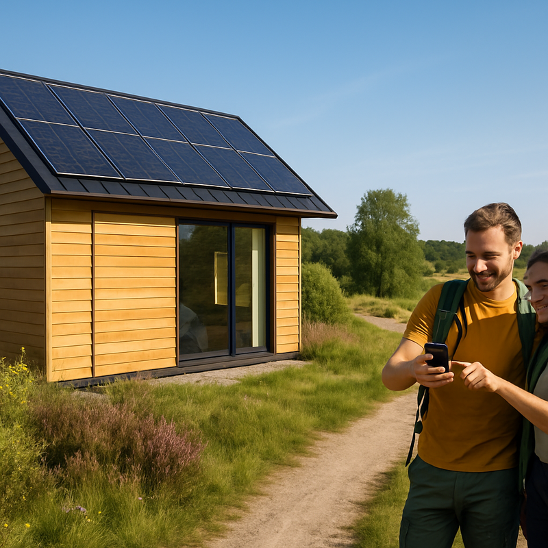 Moderne cabin met geïntegreerde zonnepanelen in natuurgebied met wandelaars die mobiele app gebruiken