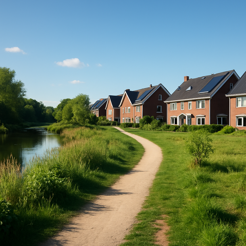 Natuurgebied met wandelpad naast nieuwe woningen in Nederland, symboliseert balans tussen natuur en wonen.