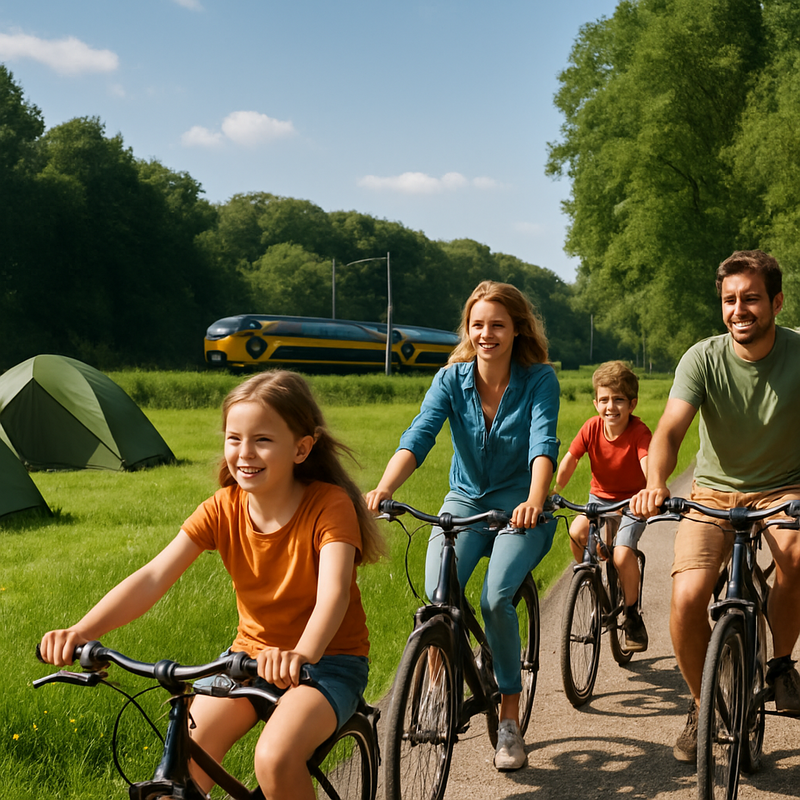 Gezin fietst in natuurgebied met duurzame accommodatie en trein op de achtergrond