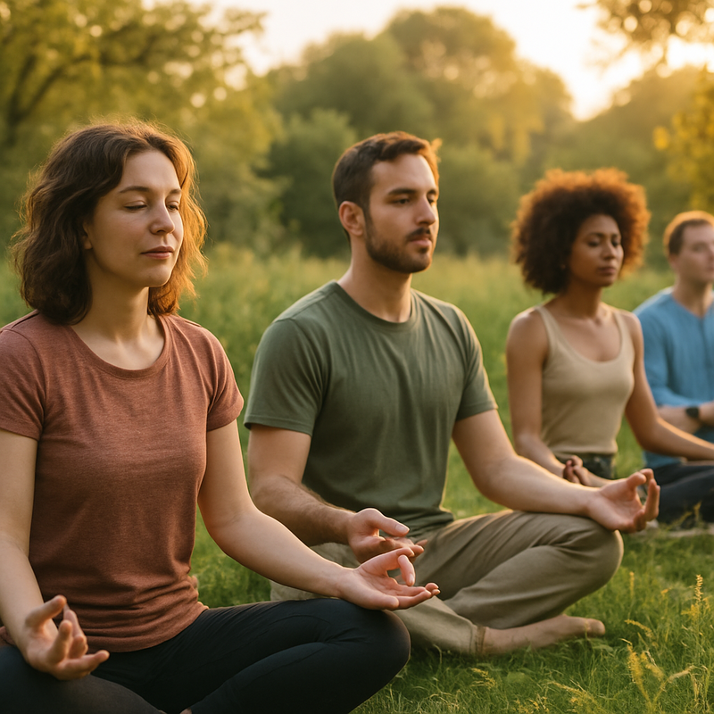 Groep mensen die mindfulness beoefenen in een groene Nederlandse natuur tijdens zonsondergang