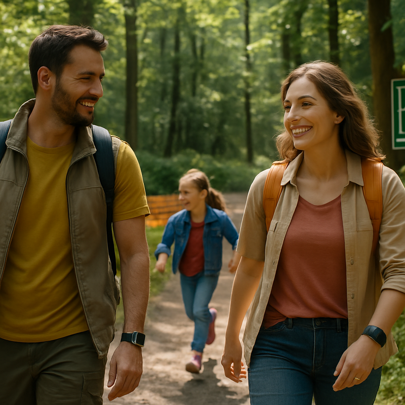 Familie wandelt veilig in bos met zichtbare veiligheidsborden en kinderen in afgezette speelzone