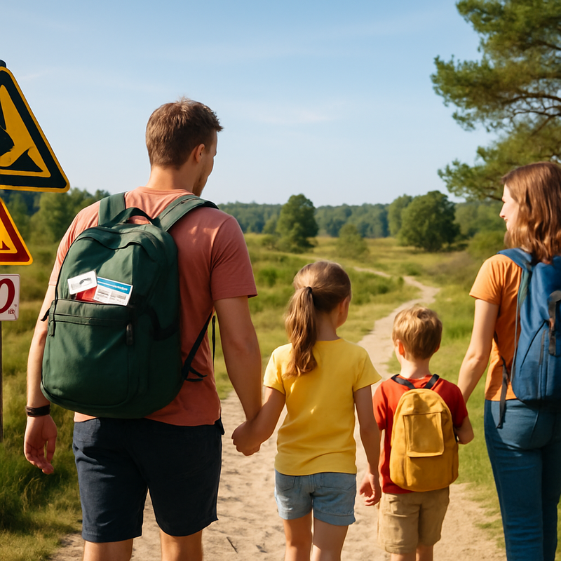 Familie wandelt veilig in Nederlands natuurgebied met veiligheidssignalen en verzekering zichtbaar
