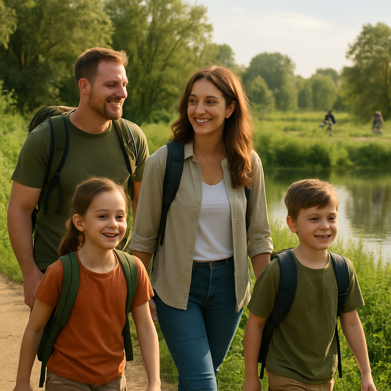 Gezin wandelt langs rustig water en groene natuur, fietsers op afstand, natuurgebied in Nederland