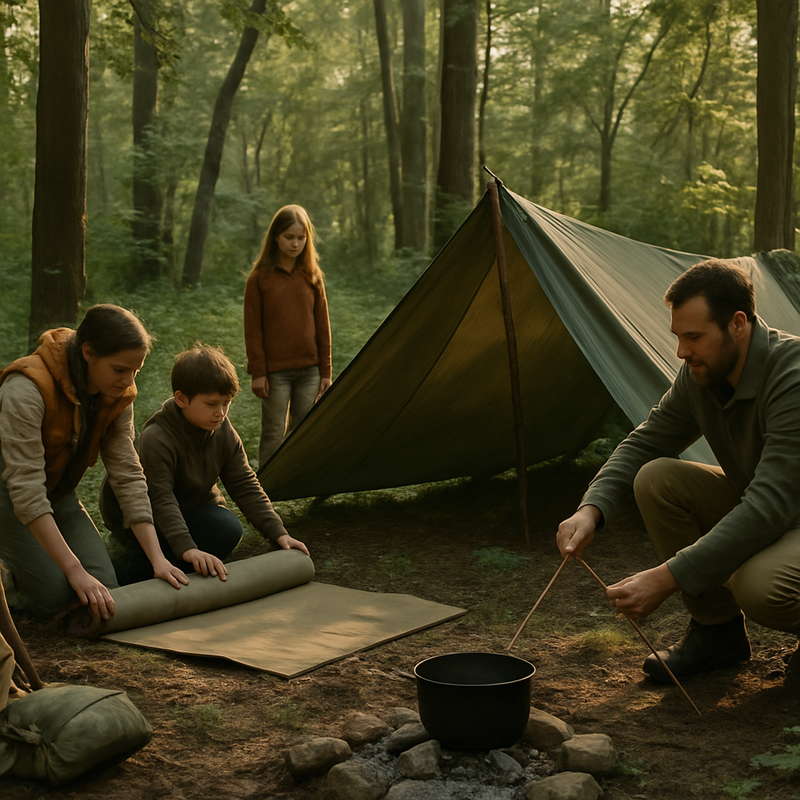 Gezin zet tent op in dicht bos tijdens wildkamperen op een natuurcamping
