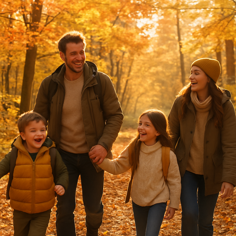Familie wandelt vrolijk door een Nederlands bos in de herfst met zonlicht tussen de gekleurde bladeren.