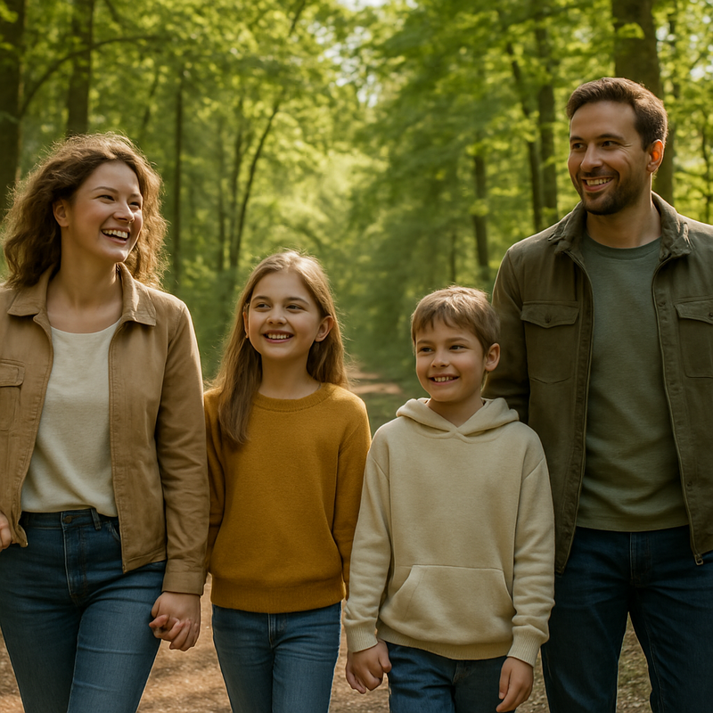 Familie wandelt op een groen bospad met zonlicht in Nederland, gezonde natuurbeleving